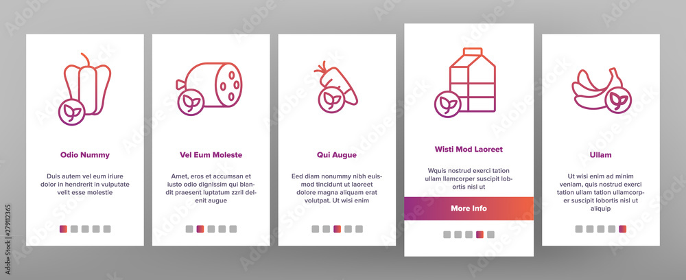 Organic Foods Vector Onboarding Mobile App Page Screen. Organic Food, Fresh Fruits, Berries, Vegetables Linear. Healthy Nutrition. Eco Dairy, Meat Products Organic Farming Produce Illustrations