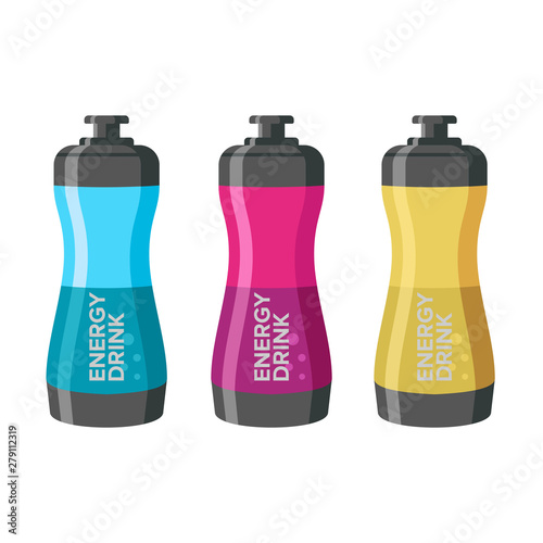 flat design concept for energy drink bottles for sports activities. Professional product design for model examples of sports bottle packaging in three color variations