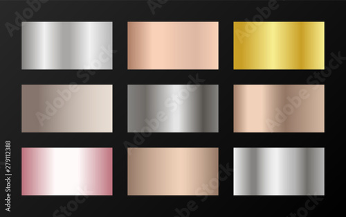Metallic foil texture silver, steel, chrome, platinum, copper, bronze, aluminum, rose gold gradient swatches. 