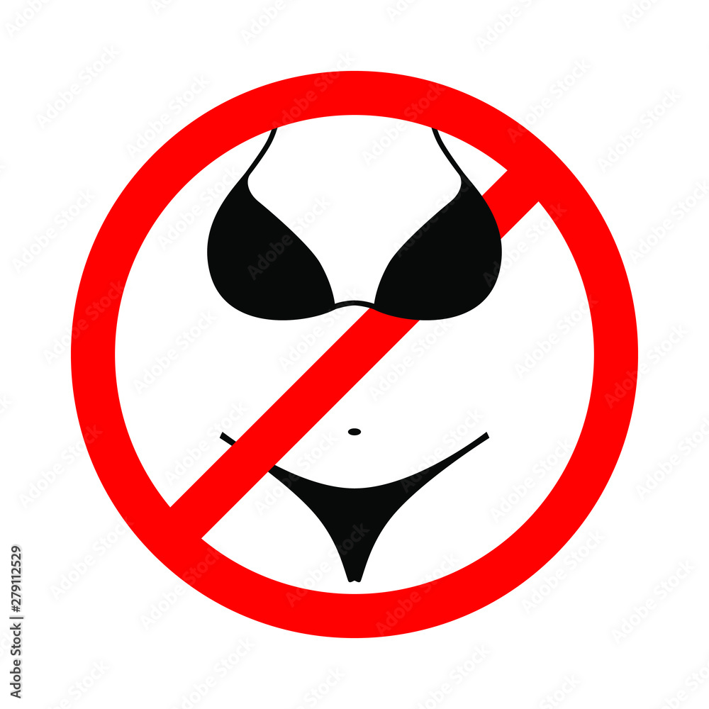 Bikini is prohibited sign.  No bikini symbol isolated on white background. Wearing swimsuit is not allowed image. Vector illustration 