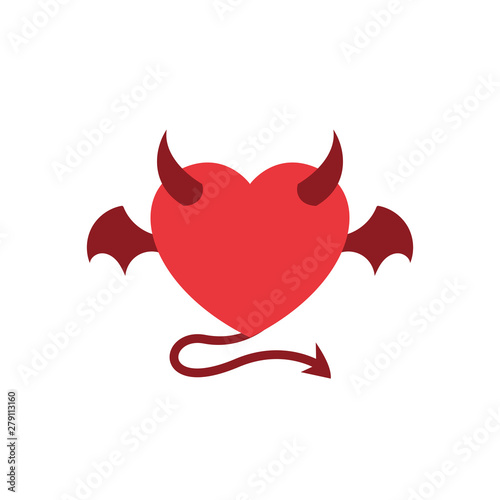 devil love with demon wing vector illustration. heart symbol with horn and tail icon. simple graphic for evil relationship concept design.