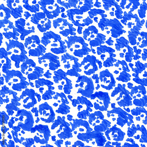 White and blue seamless jaguar pattern. Hand drawn bright fur spots on white background. Felt tip pen on paper illustration