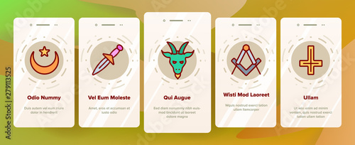 Occult, Demonic Entity Imagery Vector Onboarding Mobile App Page Screen. Satanic Rituals, Demonic Beliefs, Superstitions. Deal With Devil, Magic, Mystic, Esoteric Lineart. Occult Illustration