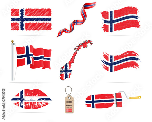 Set of hanging flags of Norway with different textures. Diversity shapes of the national flag country. Diversity shapes, maps of Norway. Template for background, banner, web site, logo, award
