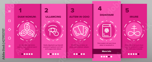Occult, Demonic Entity Imagery Vector Onboarding Mobile App Page Screen. Satanic Rituals, Demonic Beliefs, Superstitions. Deal With Devil, Magic, Mystic, Esoteric Lineart. Occult Illustration