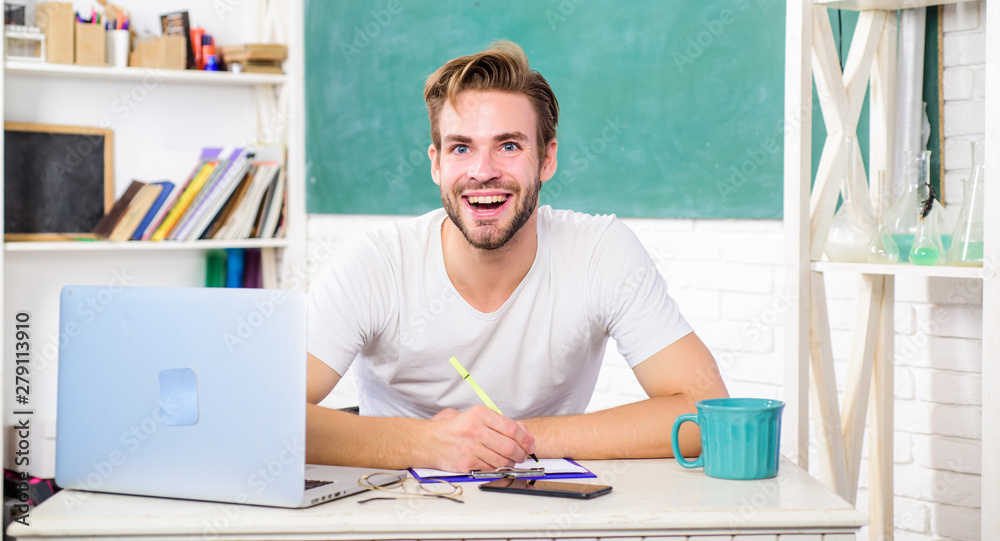 Student learn programming language. Programming web development. Digital technology. Apply online programming course. Handsome man use modern technology. Improve knowledge. High school and university Student learn programming language. Programming web development. Digital technology. Apply online programming course. Handsome man use modern technology. Improve knowledge. High school and university