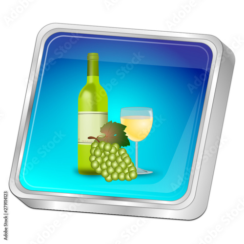 Button with wine bottle, a glass of wine and Grapes - 3D illustration
