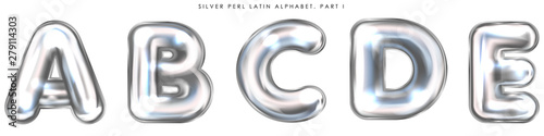 Silver perl foil inflated alphabet symbols, isolated letters A-B-C-D-E
