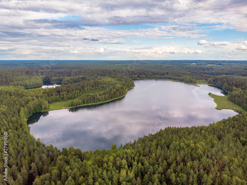 The lakes Glublia and  Glubelka in the forest. National park Narochiansky  Belarus. Drone aerial photo
