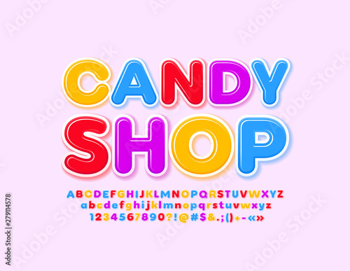 Vector colorful logo Candy Shop with glossy Alphabet Letters, Numbers and Symbols. Bright modern Font