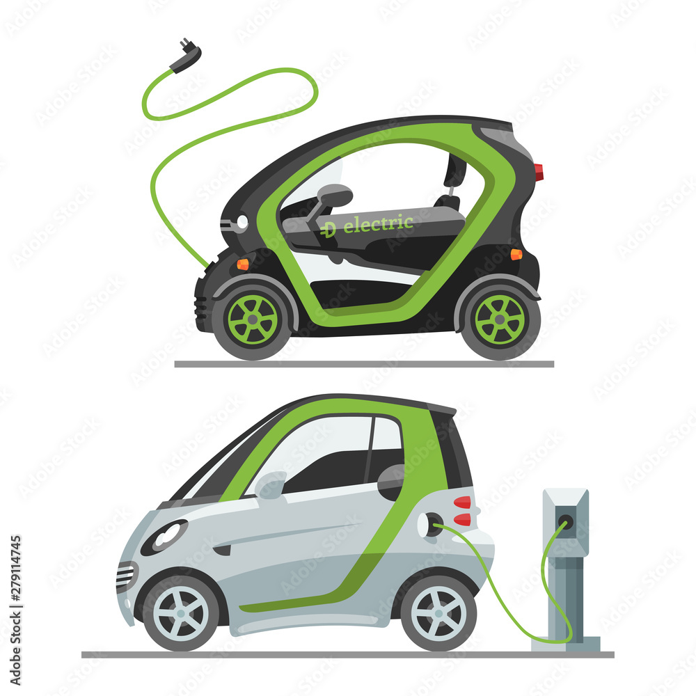 Naklejka premium Electric car with solar panels eco transport illustration automobile socket electrical car battery charger.