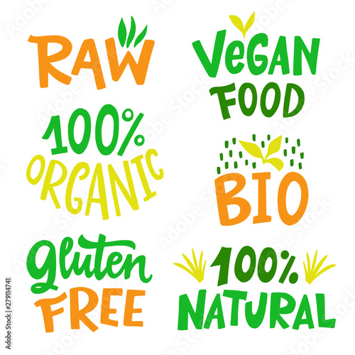 100 Percent Organic, Gluten free, Vegan, Bio, Eco, Natural food sign set