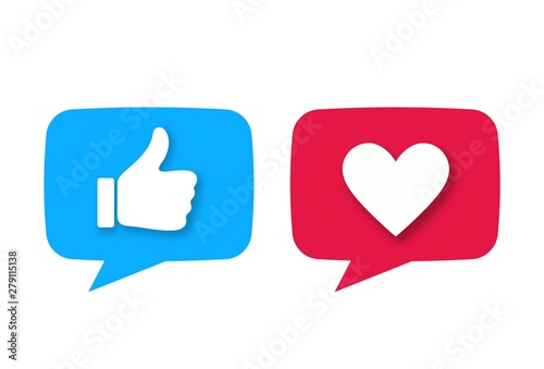 Like or thumb up and heart vector modern icons with falling shadow Isolated on white. Design elements for social network, marketing, smm, app, interface and ad.