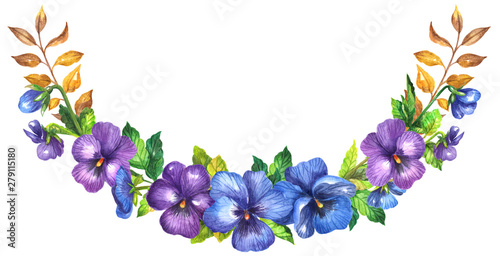 Watercolor pansies flowers wreath