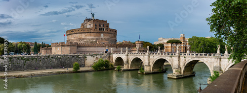 Saint Angel Castle and bridge over the Tiber river in Rome, Italy