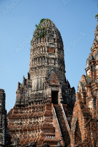 View from a pagoda of the temple ruins of Ayutthaya in Thailand with blue sky in the background