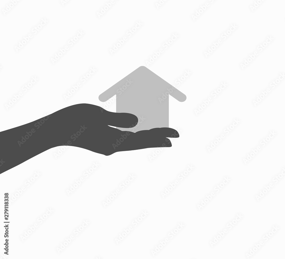 Naklejka premium Vector illustration logo mockup - home purchase, real estate purchase. Real estate loans. Flat design icon hand and house close-up isolated