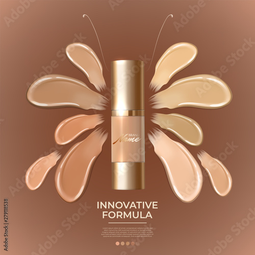 Advertising poster for cosmetic product for catalog, magazine. Design of cosmetic package. Advertising of foundation cream, concealer, base, BB cream. Realistic creamy texture