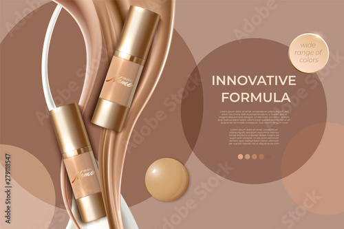 Advertising poster for cosmetic product for catalog, magazine. Design of cosmetic package. Advertising of foundation cream, concealer, base, BB cream. Realistic creamy texture