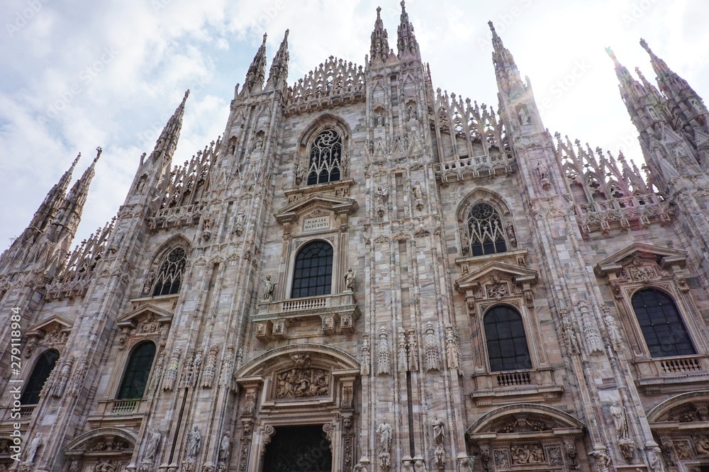 The main facade of the Cathedral of the Duomo in the Piazza Duomo in Milan.
