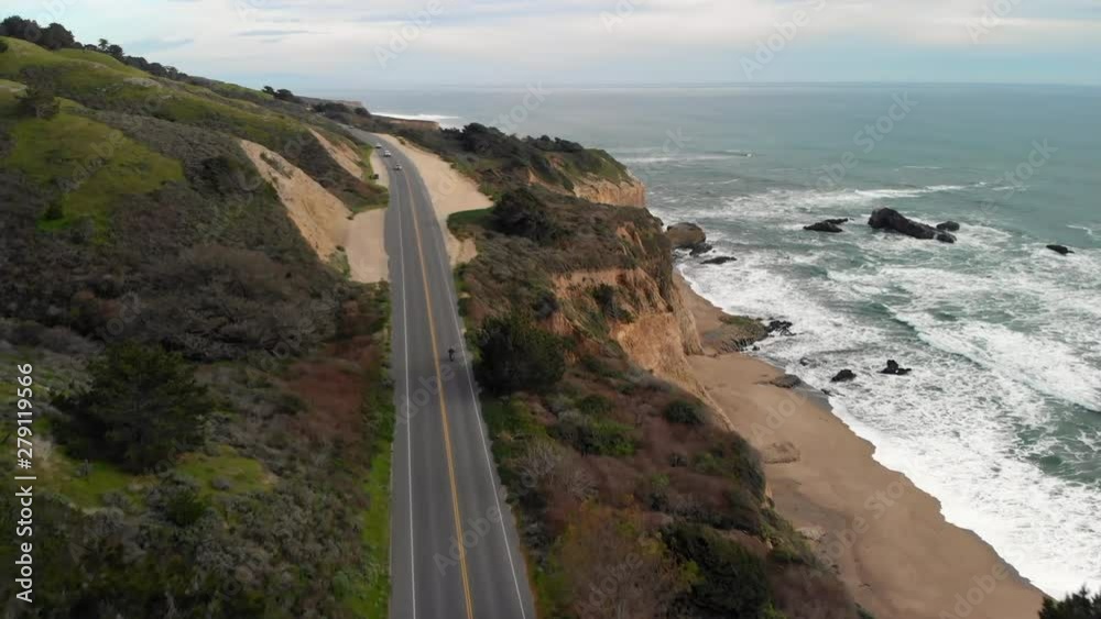 Aerial of Motorcyclist Riding on California Coast Highway One