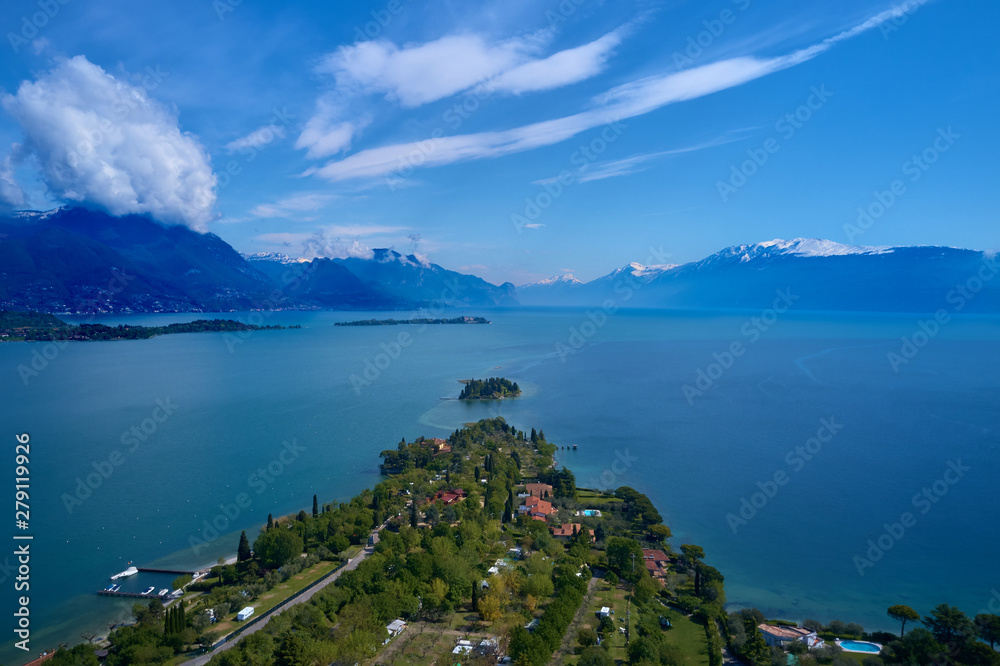 Aerial photography with drone, San Biagio. Rocca di Manerba in Garda lake,,Italy.