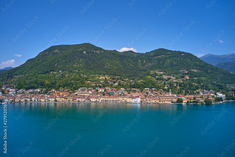 Aerial photography with drone. Panoramic view of the center of Salo on Lake Garda, Italy.