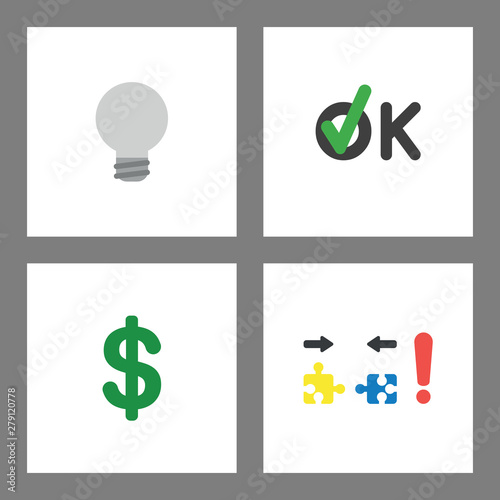 Icon concept set. Grey light bulb, ok with check mark, dollar symbol and incompatible puzzle pieces. photo