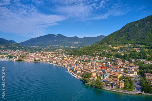 Aerial photography with drone. Panoramic view of the center of Salo on Lake Garda, Italy.