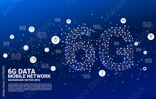 Vector Polygon dot connect line shaped 6G mobile network with function icon. Concept for mobile phone data technology.