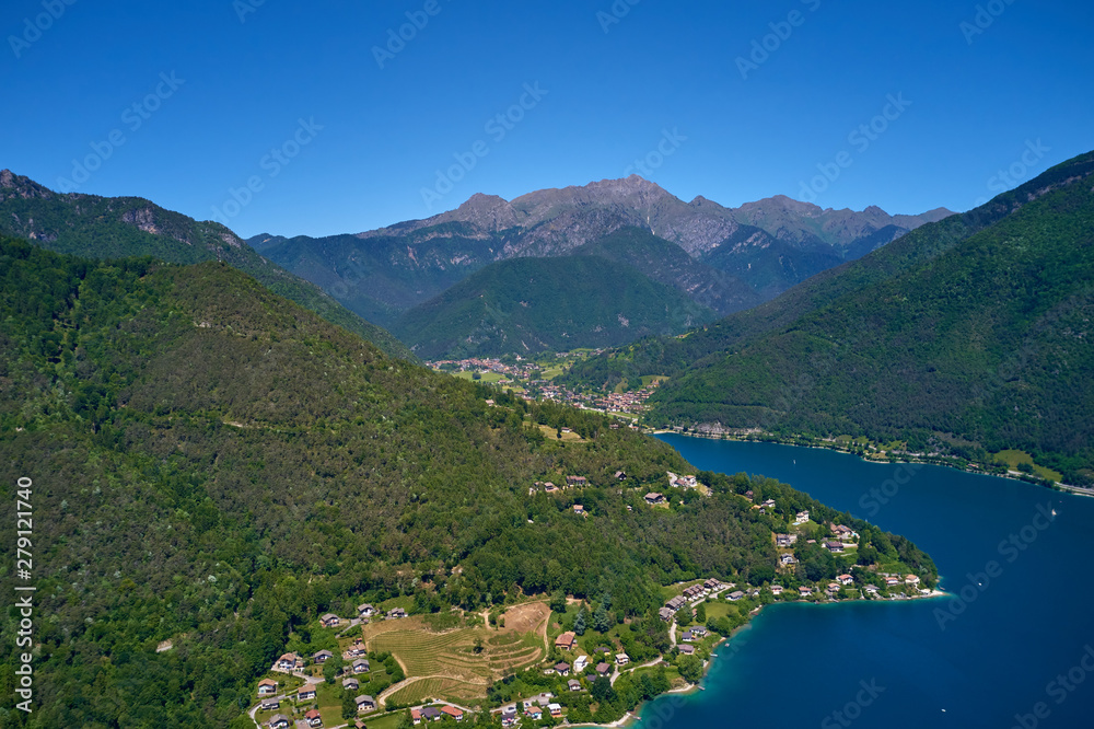 Aerial photography with drone. Panoramic view of Lake Ledro in the north of Italy In the Alps. Aerial photography with drone. Panoramic view of Lake Ledro in the north of Italy In the Alps.