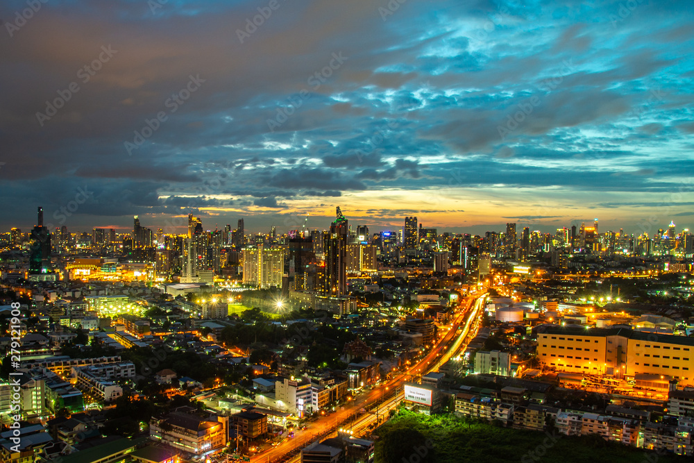Sky view of Bangkok with skyscrapers in the business district in Bangkok in the during beautiful twilight give the city a modern style.