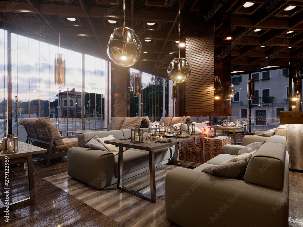 Modern Interior design of the restaurant and chair,wooden table, on the brick wall. 3d rendering