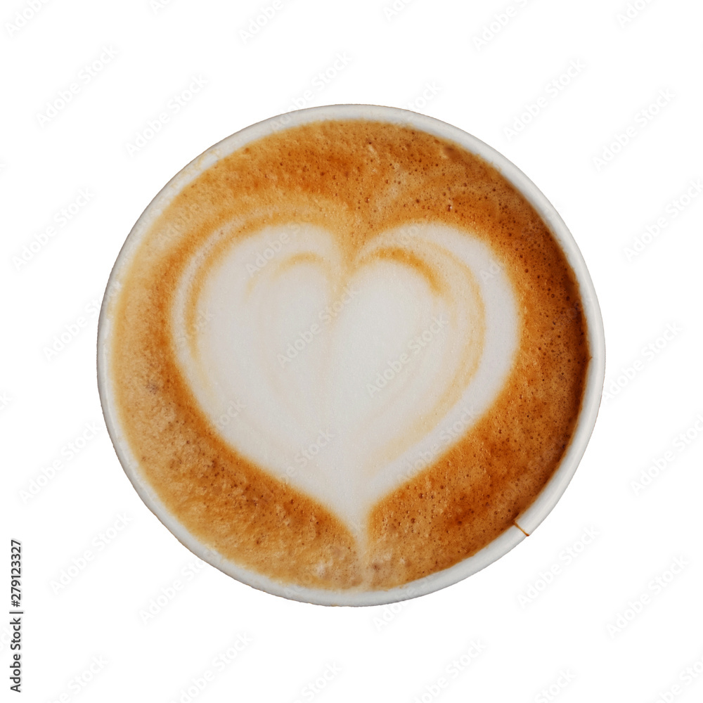 Paper cup of fresh delicious cappuccino coffee with beautiful latte art in the shape of heart isolated on white background. Paper cup of fresh delicious cappuccino coffee with beautiful latte art in the shape of heart isolated on white background.