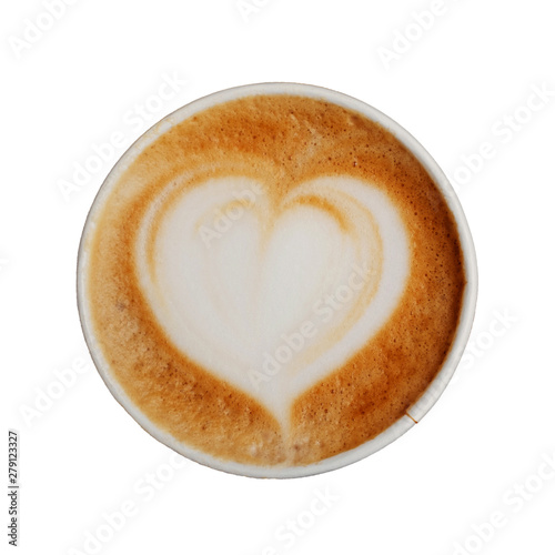 Paper cup of fresh delicious cappuccino coffee with beautiful latte art in the shape of heart isolated on white background. 