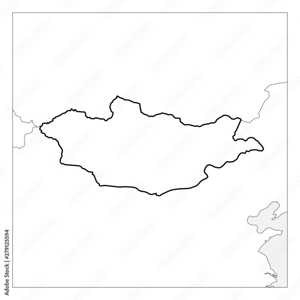Map of Mongolia black thick outline highlighted with neighbor countries