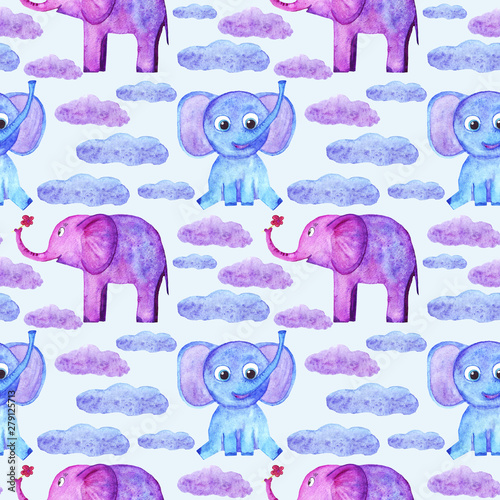 watercolor cute elephants and clouds seamless pattern.