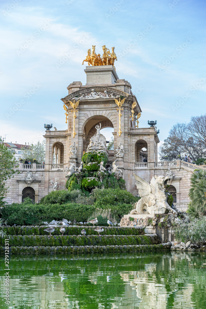 Golden horses and gargoyles in the Citadel Park, Located in the neighborhood of La Ribera, the Ciutadella Park is the largest park in Barcelona. Spain