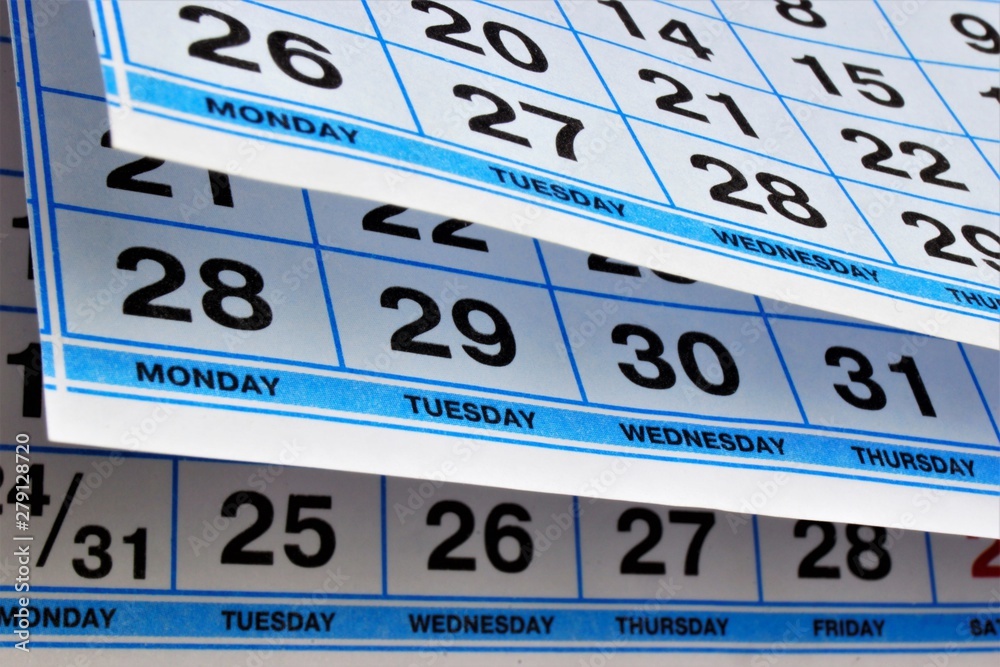 Calendar a list of days of the year divided into weeks, months and
