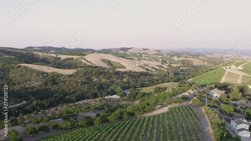 Aerial Drone Shot of a House in a Valley Surrounded by Vineyards (Paso Robles,California)