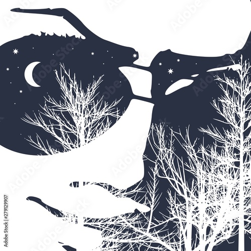 Face front view. Elegant silhouette of a head textured by tree branches. Double exposure. Moon and stars