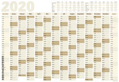 wall year planner or calendar for year 2020 with German holidays and school vacation dates for all German federal states