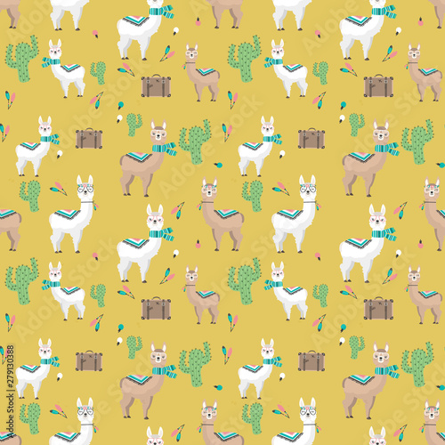 Seamless patterns of cute llama and alpaca hand drawn illustrations