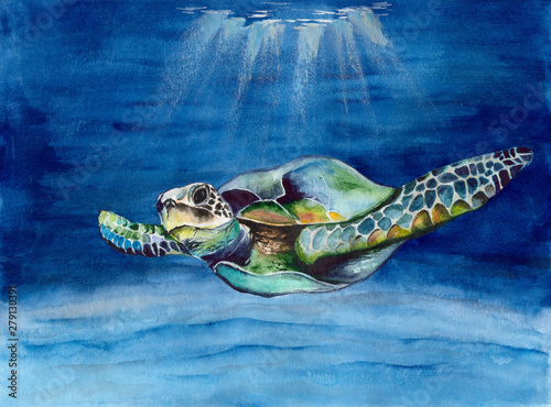 Konstfotografi Watercolor picture of  a sea  turtle in blue water with rays of light