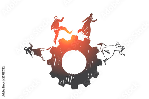 Teamwork, success, coworking, partnership, globalization concept sketch. Hand drawn isolated vector illustration