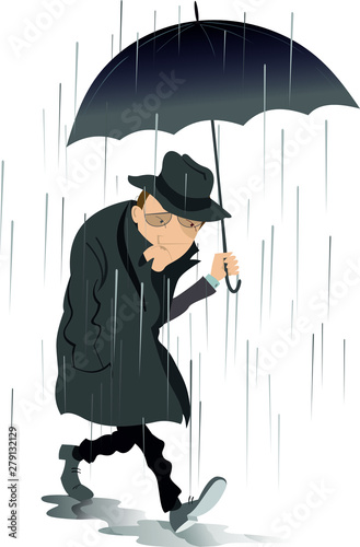 Rainy day and the man in low spirits illustration  Sad man with umbrella is walking on the puddles under the rain isolated on white 