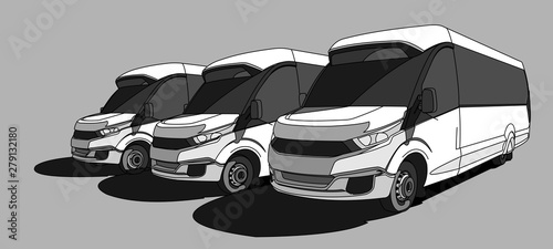 Buses to the bus station. Sightseeing, Tourist Buses in the parking lot. Buses for sale. Modern flat Vector illustration on white background.