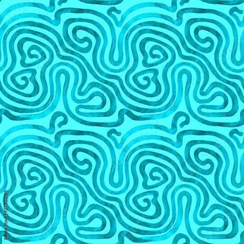 Turquoise seamless pattern. Watercolor textured Irregular abstract grid. Free hand drawn trellis. 