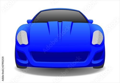 Blue Car, Front view. Fast Racing car. Modern flat Vector illustration on white background.