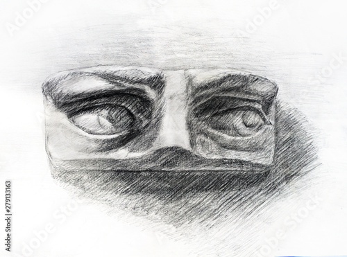 Pencil drawing of David's eyes. Art student learning the disciple, class work, training.  photo